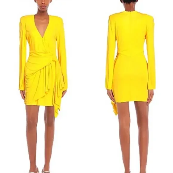 Dundas Yellow Beau Faux Wrap Long Sleeve Plunging V Neck Mini Dress Size 2 - Picture 2 of 13